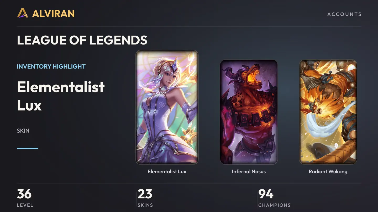 LEAGUE OF LEGENDS · Level 36 · Elementalist Lux, Infernal Nasus, Radiant Wukong