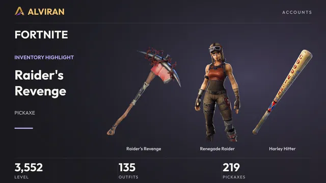 FORTNITE · Level 3552 · Raider's Revenge, Renegade Raider, Harley Hitter