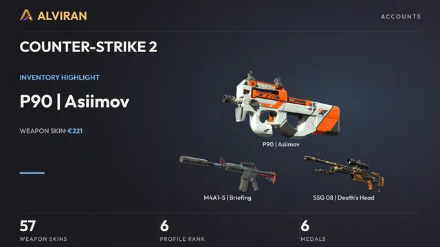 COUNTER-STRIKE 2 · Level 6 · P90 | Asiimov · Field-Tested, M4A1-S | Briefing · Factory New, SSG 08 | Death's Head · Factory New