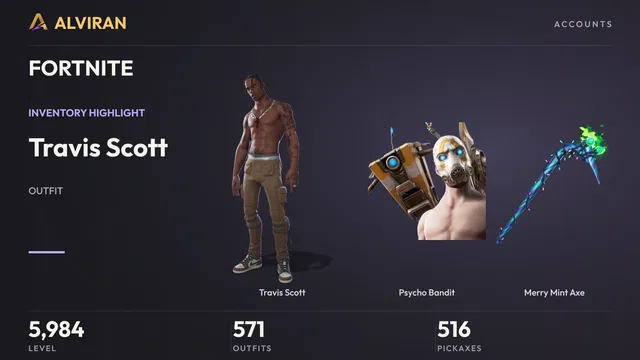 FORTNITE · Level 5984 · Travis Scott, Psycho Bandit, Merry Mint Axe