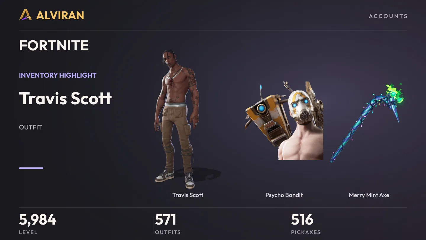 FORTNITE · Level 5984 · Travis Scott, Psycho Bandit, Merry Mint Axe