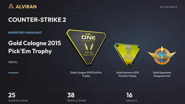 COUNTER-STRIKE 2 · Level 38 · Gold Cologne 2015 Pick'Em Trophy, Gold Katowice 2015 Pick'Em Trophy, Gold Operation Vanguard Coin