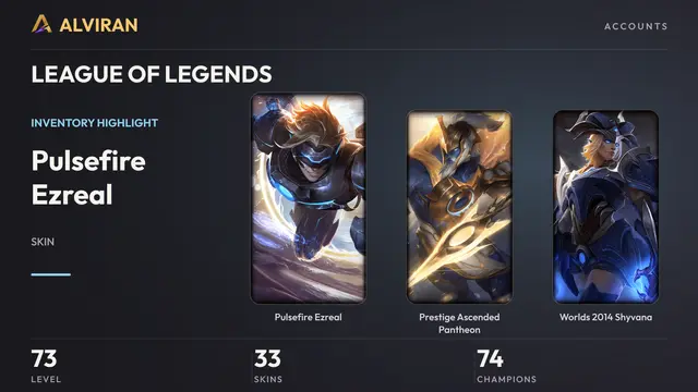 LEAGUE OF LEGENDS · Level 73 · Pulsefire Ezreal, Prestige Ascended Pantheon, Worlds 2014 Shyvana