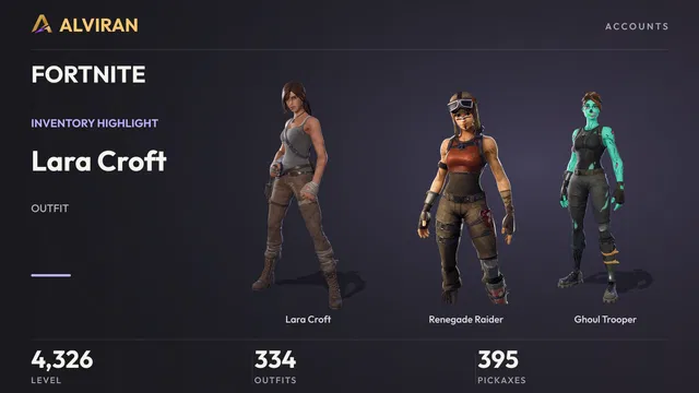 FORTNITE · Level 4326 · Lara Croft, Renegade Raider, Ghoul Trooper