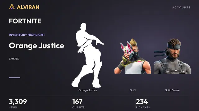 FORTNITE · Level 3309 · Orange Justice, Drift, Solid Snake