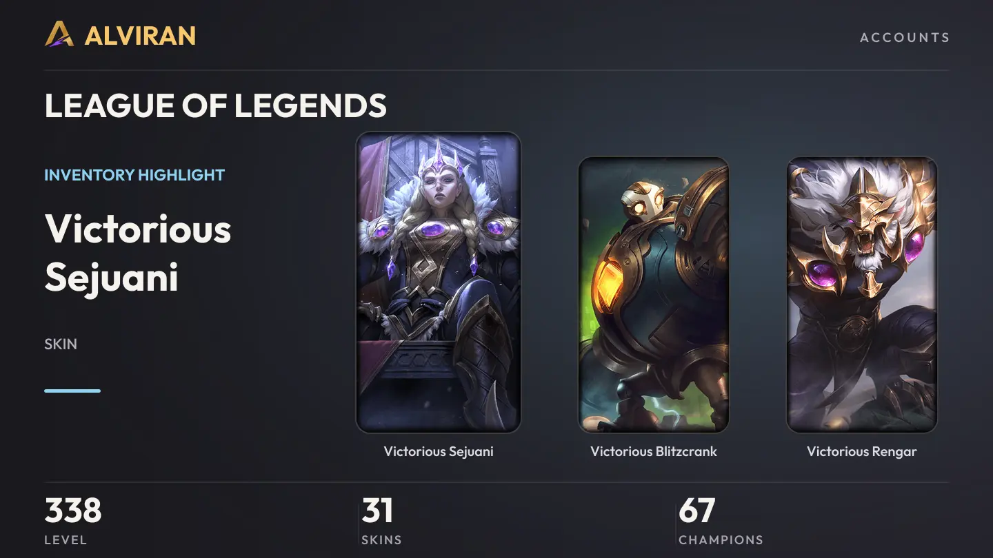 LEAGUE OF LEGENDS · Level 338 · Victorious Sejuani, Victorious Blitzcrank, Victorious Rengar