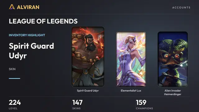 LEAGUE OF LEGENDS · Level 224 · Spirit Guard Udyr, Elementalist Lux, Alien Invader Heimerdinger