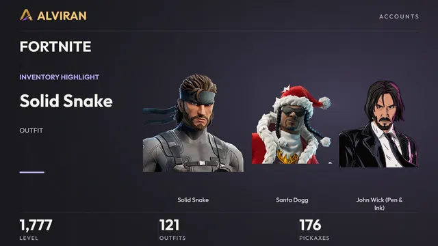 FORTNITE · Level 1777 · Solid Snake, Santa Dogg, John Wick (Pen & Ink)