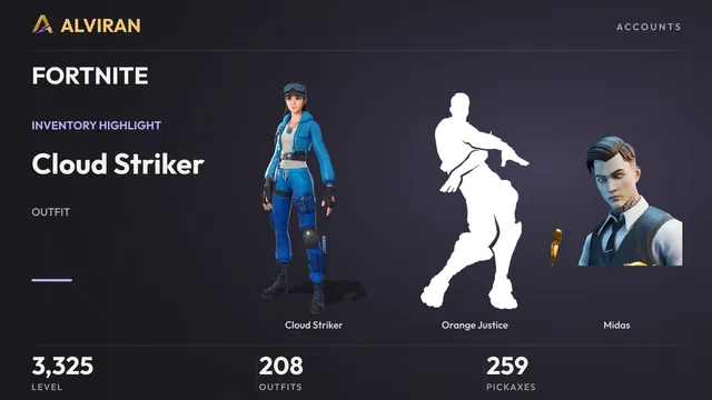 FORTNITE · Level 3325 · Cloud Striker, Orange Justice, Midas