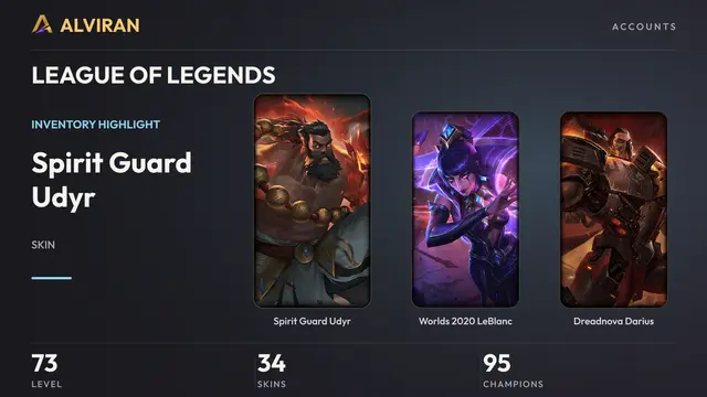 LEAGUE OF LEGENDS · Level 73 · Spirit Guard Udyr, Worlds 2020 LeBlanc, Dreadnova Darius