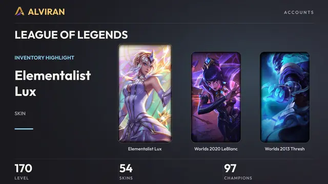 LEAGUE OF LEGENDS · Level 170 · Elementalist Lux, Worlds 2020 LeBlanc, Worlds 2013 Thresh
