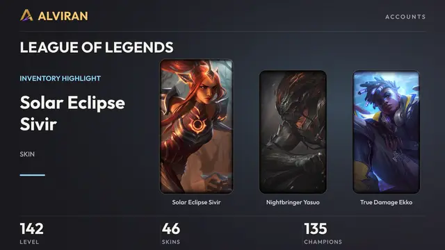 LEAGUE OF LEGENDS · Level 142 · Solar Eclipse Sivir, Nightbringer Yasuo, True Damage Ekko