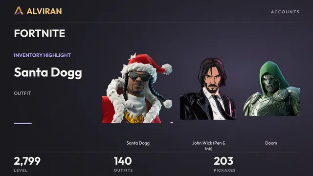 FORTNITE · Level 2799 · Santa Dogg, John Wick (Pen & Ink), Doom