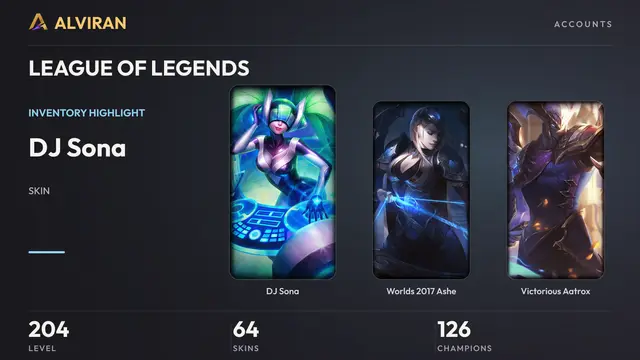 LEAGUE OF LEGENDS · Level 204 · DJ Sona, Worlds 2017 Ashe, Victorious Aatrox