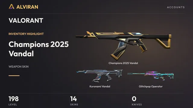 VALORANT · Level 198 · Champions 2025 Vandal, Kuronami Vandal, Glitchpop Operator