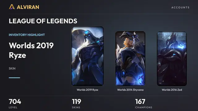 LEAGUE OF LEGENDS · Level 704 · Worlds 2019 Ryze, Worlds 2014 Shyvana, Worlds 2016 Zed