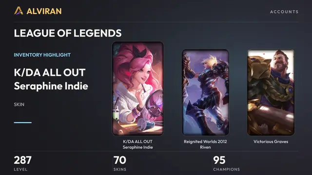 LEAGUE OF LEGENDS · Level 287 · K/DA ALL OUT Seraphine Indie, Reignited Worlds 2012 Riven, Victorious Graves