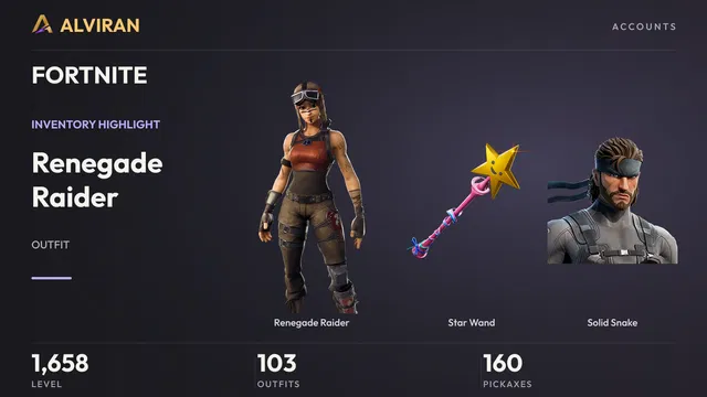 FORTNITE · Level 1658 · Renegade Raider, Star Wand, Solid Snake