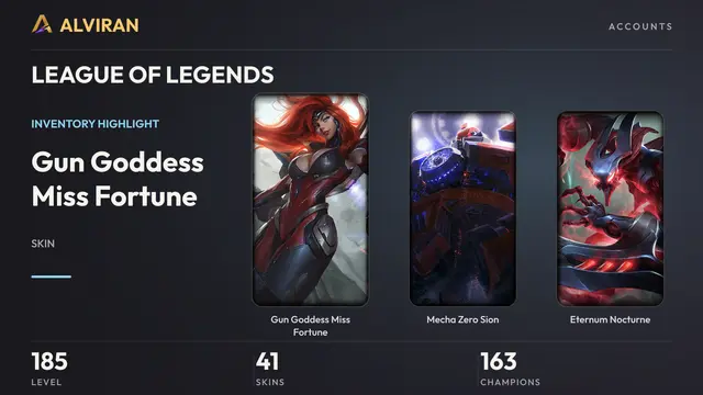 LEAGUE OF LEGENDS · Level 185 · Gun Goddess Miss Fortune, Mecha Zero Sion, Eternum Nocturne