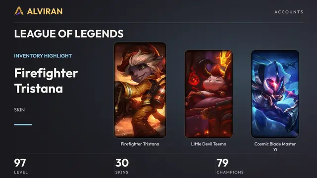 LEAGUE OF LEGENDS · Level 97 · Firefighter Tristana, Little Devil Teemo, Cosmic Blade Master Yi