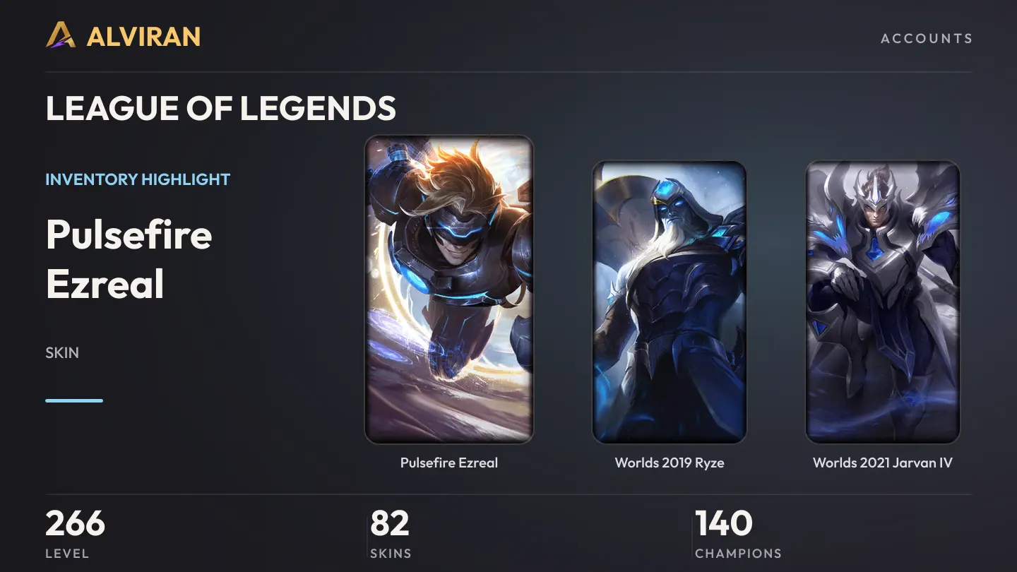 LEAGUE OF LEGENDS · Level 266 · Pulsefire Ezreal, Worlds 2019 Ryze, Worlds 2021 Jarvan IV