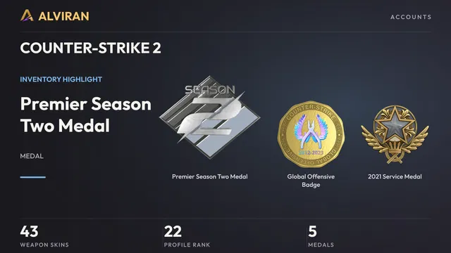 COUNTER-STRIKE 2 · Level 22 · Premier Season Two Medal, Global Offensive Badge, 2021 Service Medal