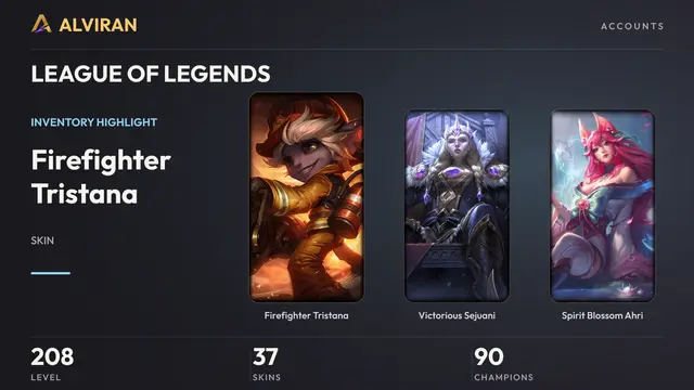 LEAGUE OF LEGENDS · Level 208 · Firefighter Tristana, Victorious Sejuani, Spirit Blossom Ahri