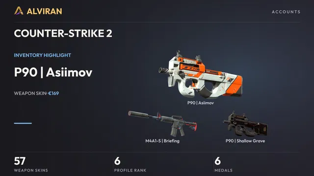 COUNTER-STRIKE 2 · Level 6 · P90 | Asiimov · Field-Tested, M4A1-S | Briefing · Factory New, P90 | Shallow Grave · Field-Tested