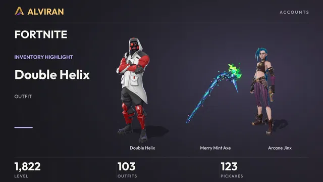 FORTNITE · Level 1822 · Double Helix, Merry Mint Axe, Arcane Jinx