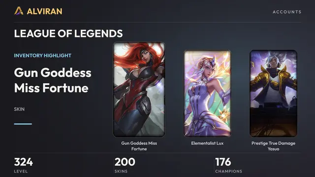 LEAGUE OF LEGENDS · Level 324 · Gun Goddess Miss Fortune, Elementalist Lux, Prestige True Damage Yasuo