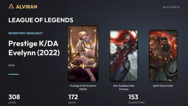 LEAGUE OF LEGENDS · Level 308 · Prestige K/DA Evelynn (2022), Gun Goddess Miss Fortune, Spirit Guard Udyr