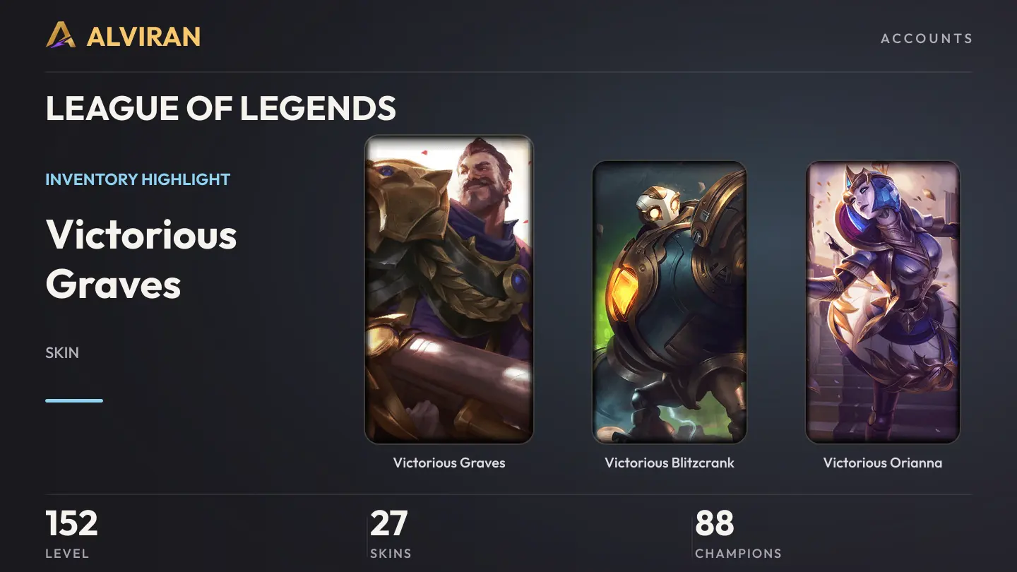 LEAGUE OF LEGENDS · Level 152 · Victorious Graves, Victorious Blitzcrank, Victorious Orianna