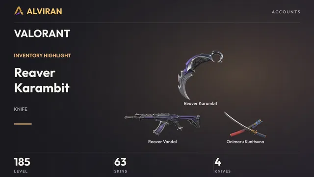 VALORANT · Level 185 · Reaver Karambit · Melee, Reaver Vandal, Onimaru Kunitsuna · Melee