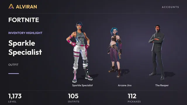 FORTNITE · Level 1173 · Sparkle Specialist, Arcane Jinx, The Reaper