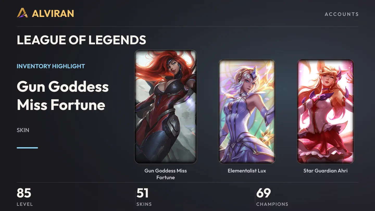LEAGUE OF LEGENDS · Level 85 · Gun Goddess Miss Fortune, Elementalist Lux, Star Guardian Ahri