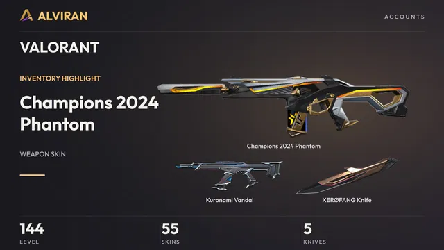 VALORANT · Level 144 · Champions 2024 Phantom, Kuronami Vandal, XERØFANG Knife · Melee