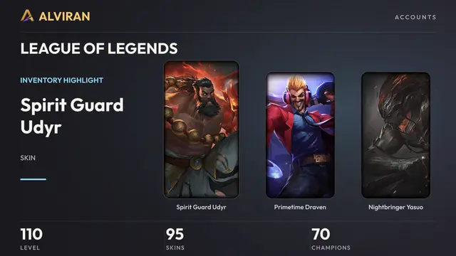 LEAGUE OF LEGENDS · Level 110 · Spirit Guard Udyr, Primetime Draven, Nightbringer Yasuo