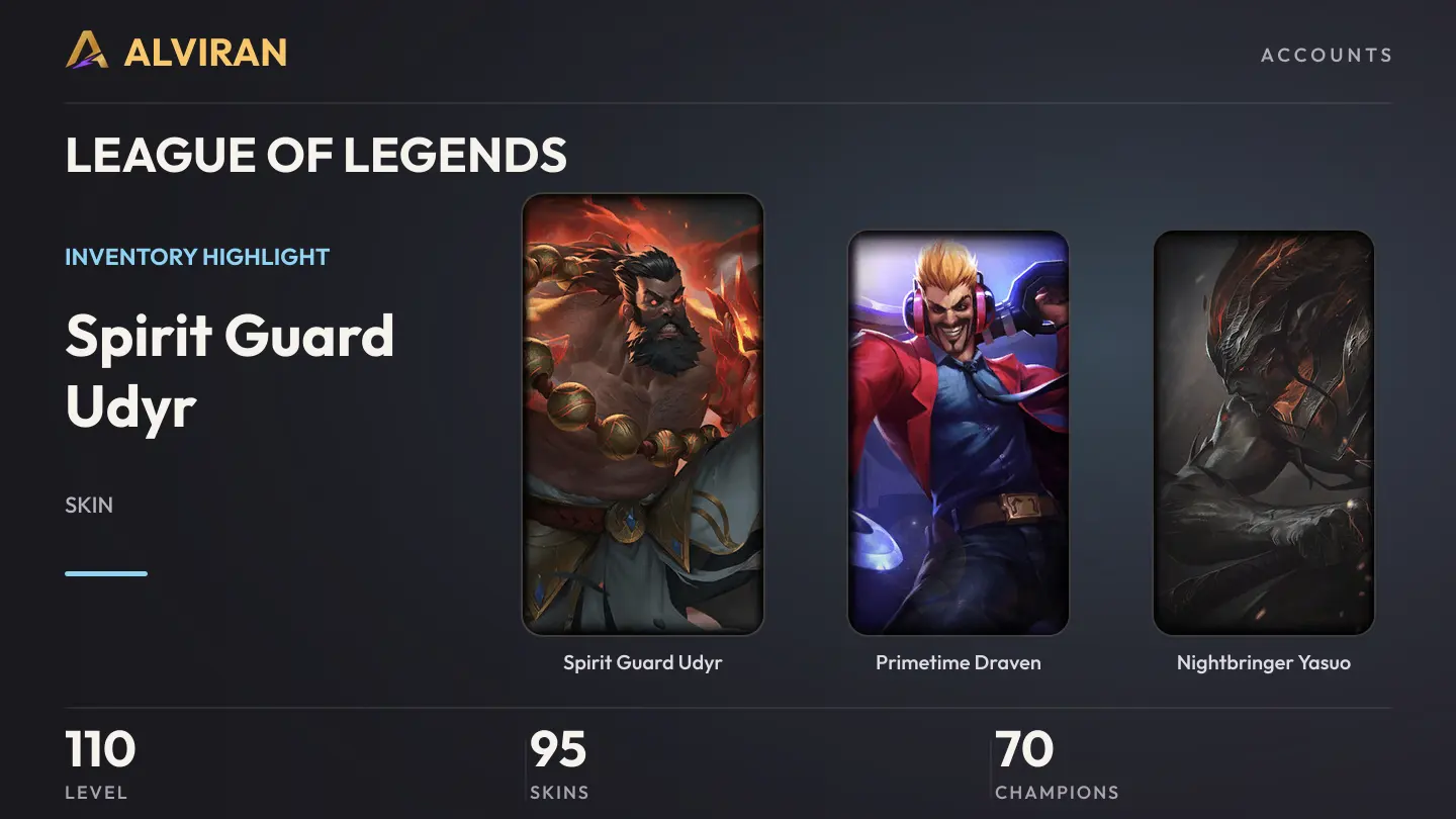 LEAGUE OF LEGENDS · Level 110 · Spirit Guard Udyr, Primetime Draven, Nightbringer Yasuo