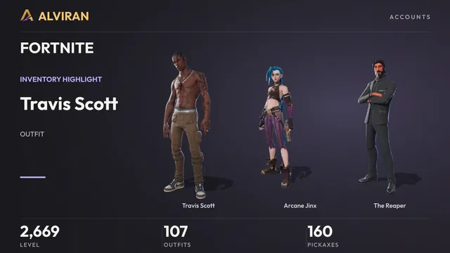 FORTNITE · Level 2669 · Travis Scott, Arcane Jinx, The Reaper