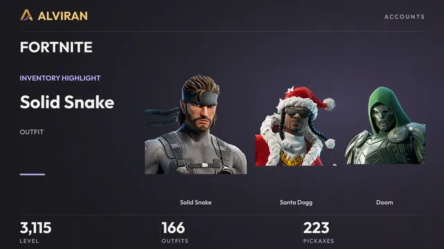 FORTNITE · Level 3115 · Solid Snake, Santa Dogg, Doom