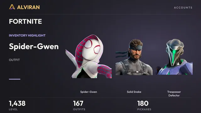 FORTNITE · Level 1438 · Spider-Gwen, Solid Snake, Trespasser Defector