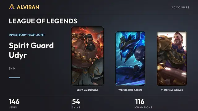 LEAGUE OF LEGENDS · Level 146 · Spirit Guard Udyr, Worlds 2015 Kalista, Victorious Graves
