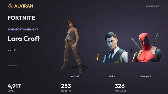 FORTNITE · Level 4917 · Lara Croft, Midas, Deadpool