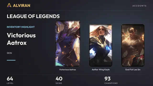 LEAGUE OF LEGENDS · Level 64 · Victorious Aatrox, Aether Wing Kayle, God Fist Lee Sin