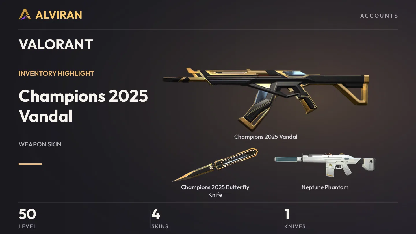 VALORANT · Level 50 · Champions 2025 Vandal, Champions 2025 Butterfly Knife · Melee, Neptune Phantom