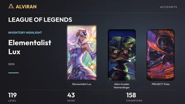 LEAGUE OF LEGENDS · Level 119 · Elementalist Lux, Alien Invader Heimerdinger, PROJECT: Pyke