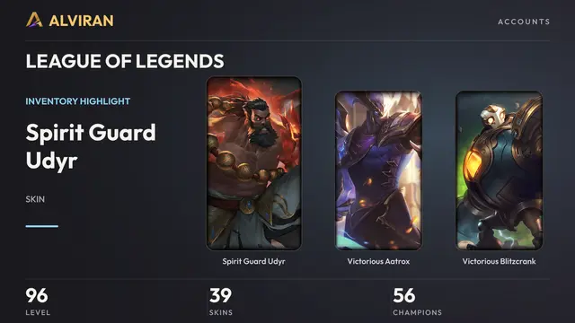 LEAGUE OF LEGENDS · Level 96 · Spirit Guard Udyr, Victorious Aatrox, Victorious Blitzcrank