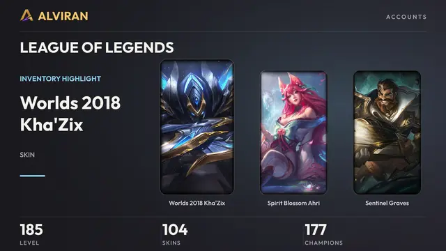 LEAGUE OF LEGENDS · Level 185 · Worlds 2018 Kha'Zix, Spirit Blossom Ahri, Sentinel Graves