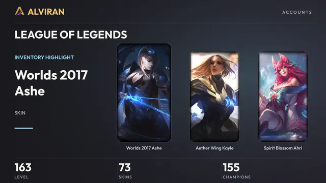 LEAGUE OF LEGENDS · Level 163 · Worlds 2017 Ashe, Aether Wing Kayle, Spirit Blossom Ahri
