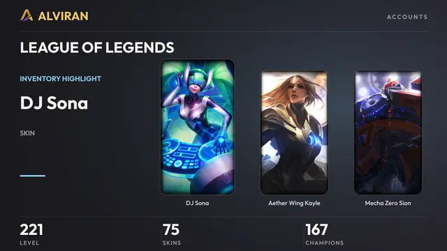 LEAGUE OF LEGENDS · Level 221 · DJ Sona, Aether Wing Kayle, Mecha Zero Sion